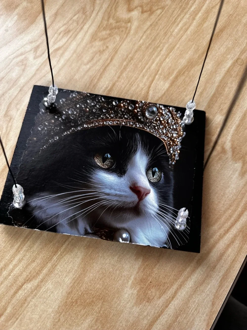 Hand crafted Decorative Black & White Cat floating hanging shelf